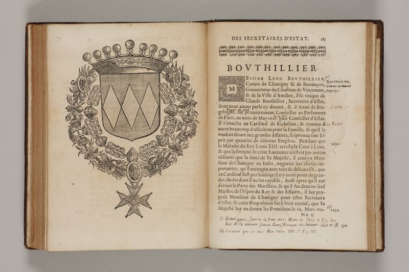 Histoire des secretaires d'estat, contenant l'origine, le progrès, et l'etablissement de levrs charges, auec les eloges, les armes, blasons, & genealogies de tous ceux qui les ont possedées jusqu'à present