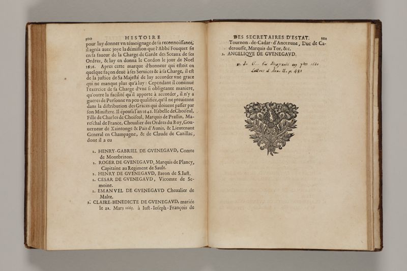 Histoire des secretaires d'estat, contenant l'origine, le progrès, et l'etablissement de levrs charges, auec les eloges, les armes, blasons, & genealogies de tous ceux qui les ont possedées jusqu'à present