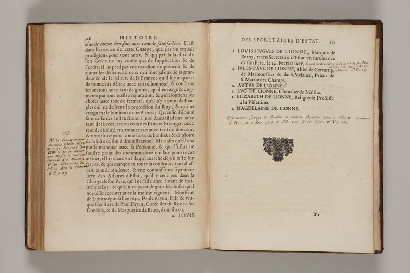 Histoire des secretaires d'estat, contenant l'origine, le progrès, et l'etablissement de levrs charges, auec les eloges, les armes, blasons, & genealogies de tous ceux qui les ont possedées jusqu'à present