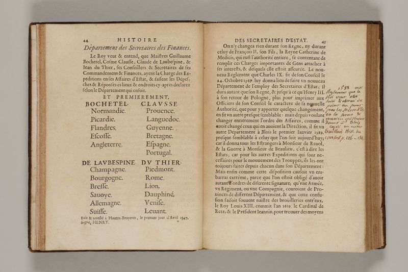 Histoire des secretaires d'estat, contenant l'origine, le progrès, et l'etablissement de levrs charges, auec les eloges, les armes, blasons, & genealogies de tous ceux qui les ont possedées jusqu'à present