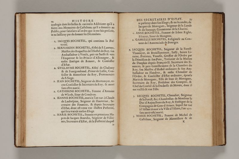 Histoire des secretaires d'estat, contenant l'origine, le progrès, et l'etablissement de levrs charges, auec les eloges, les armes, blasons, & genealogies de tous ceux qui les ont possedées jusqu'à present