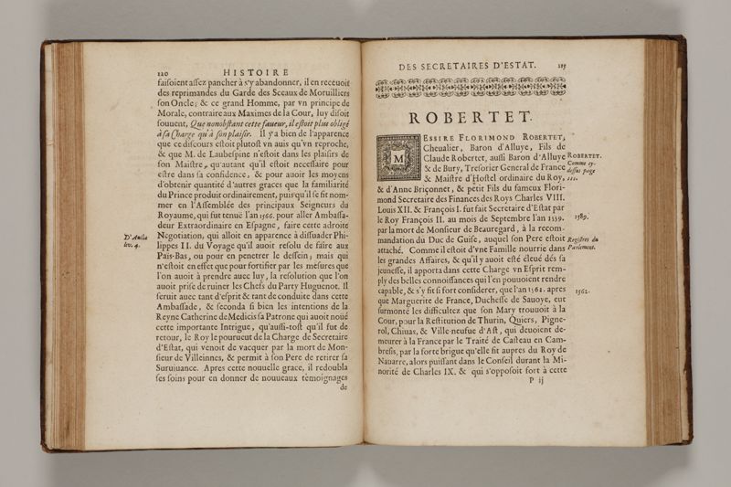 Histoire des secretaires d'estat, contenant l'origine, le progrès, et l'etablissement de levrs charges, auec les eloges, les armes, blasons, & genealogies de tous ceux qui les ont possedées jusqu'à present