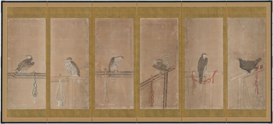 旧蔵書画【徐悲鴻款 花鳥図】鷹図　鑑定証書付き　中堂掛軸 架鷹図] , 左隻（修復後） · 筑波大学デジタルコレクション Tulips-DC